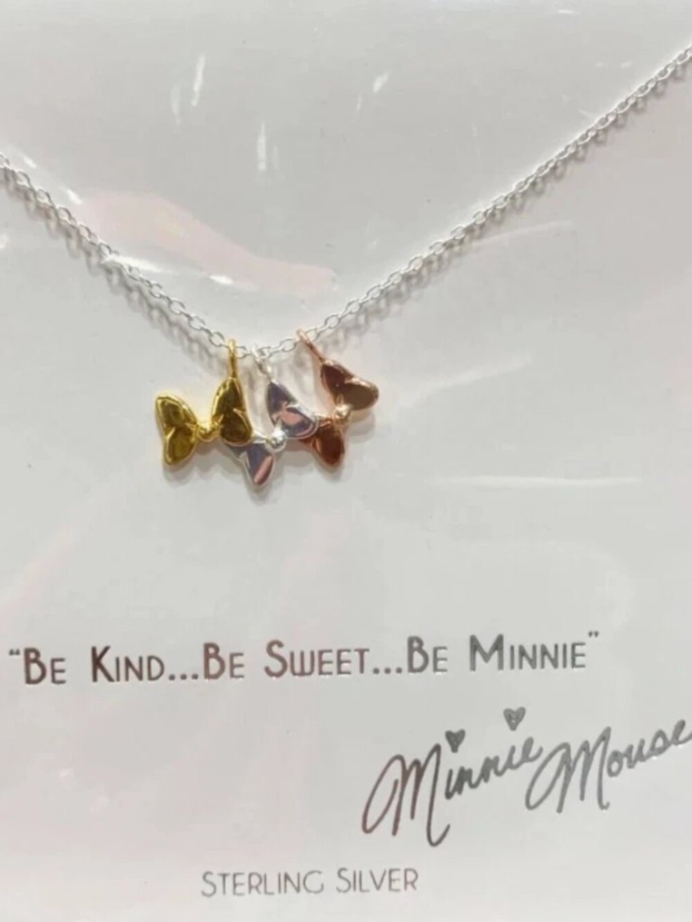 Disney Parks Collection Minnie Mouse Sterling Silver Necklace Bows Tri-Color New